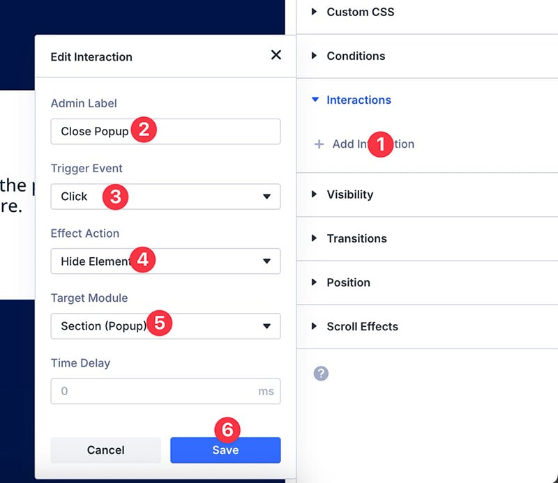 Interaction settings for the close button