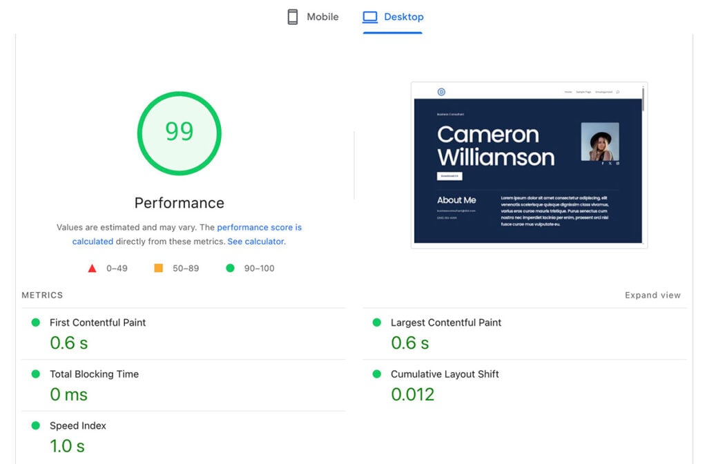 Cloudways performance on desktop