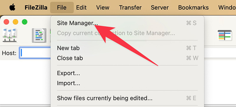 Site Manager menu on FileZilla