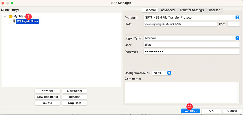 Connect button on FileZilla
