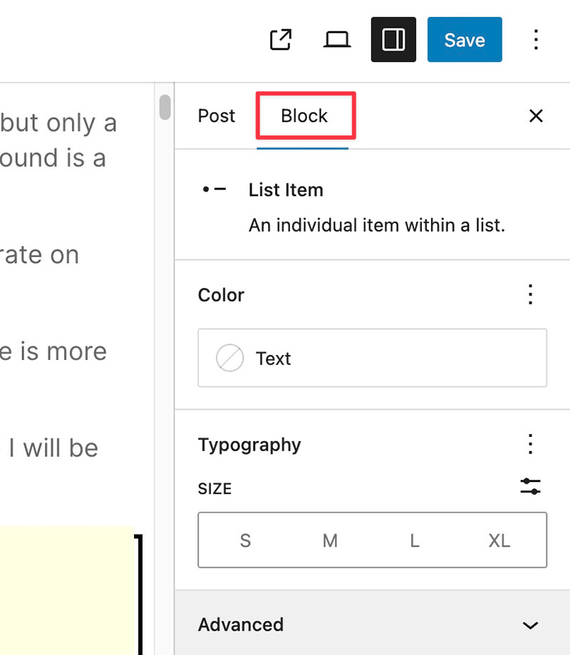 Block tab on the settings panel