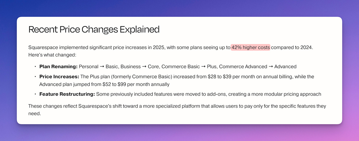 Squarespace increased price
