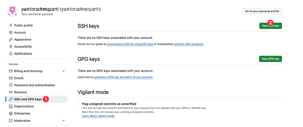 Adding a new SSH key on GitHub