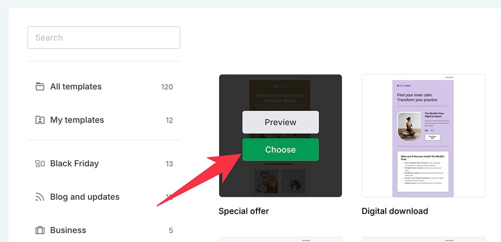 Choosing an email template in MailerLite