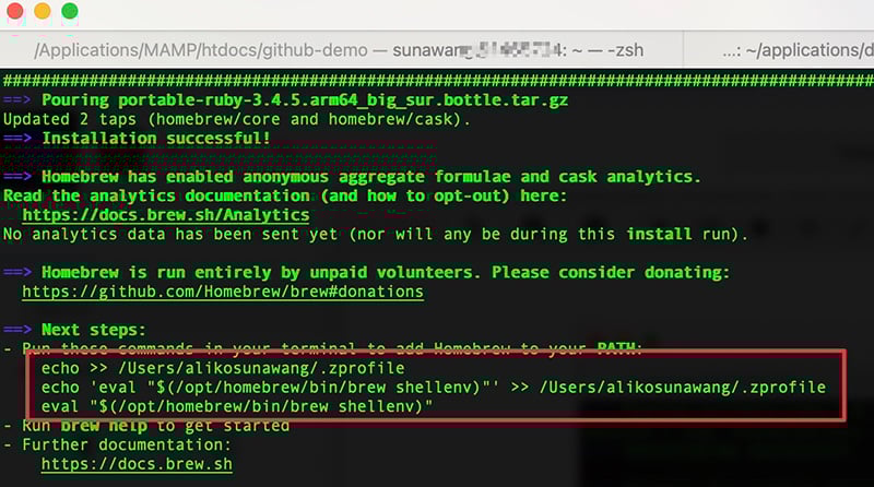 Completing homebrew installation on macOS