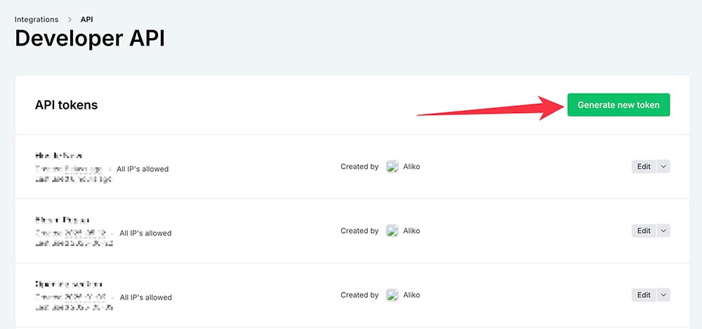 Generate new token button on MailerLite dashboard.