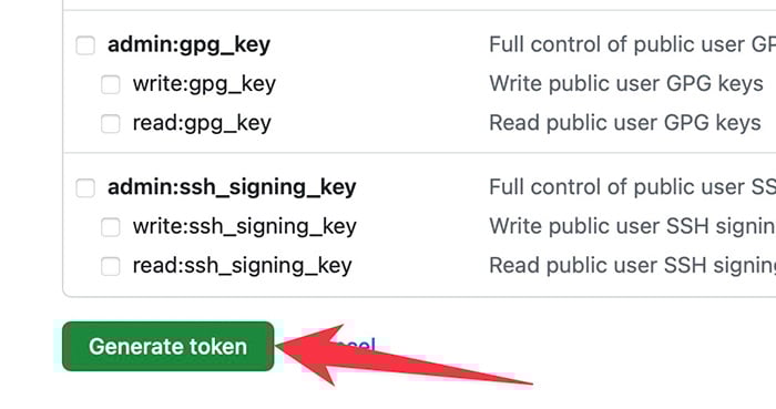 Generate token button on GitHub