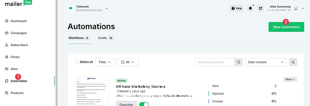 Creating new automation workflow in MailerLite