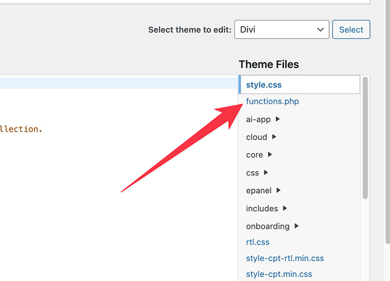Selecting a file to edit in WordPress Theme Files Editor
