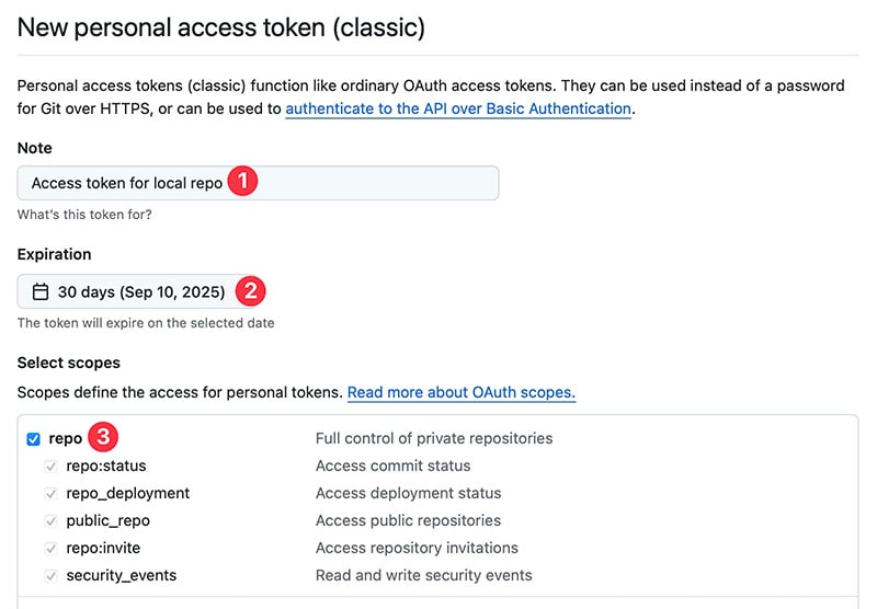 GitHub token settings