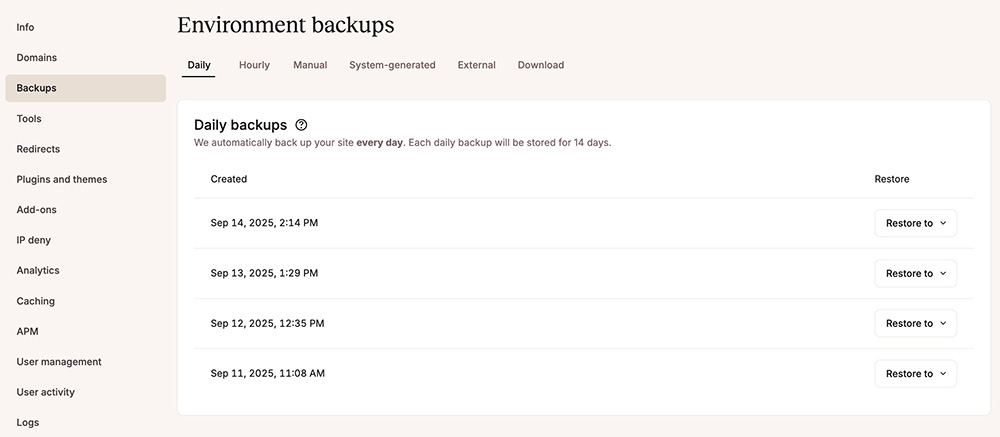Backup feature of Kinsta