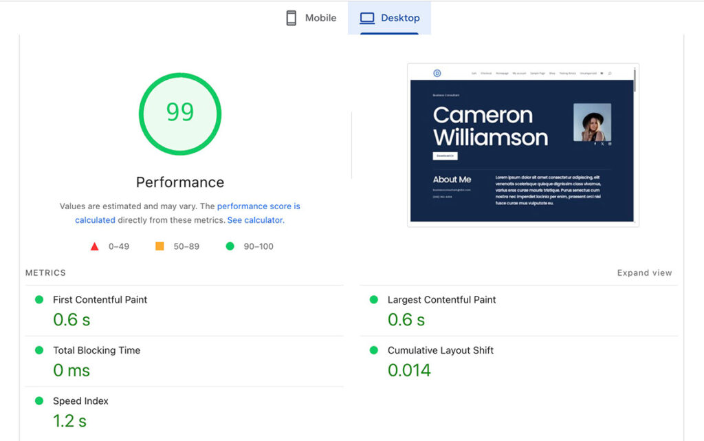 Kinsta performance on desktop