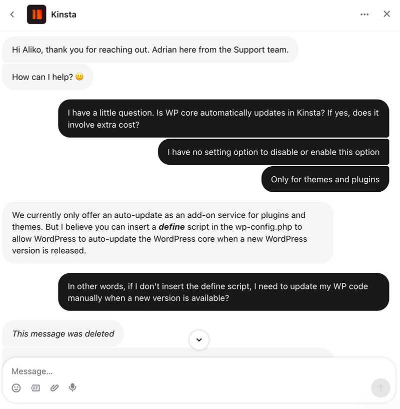 Kinsta live chat support