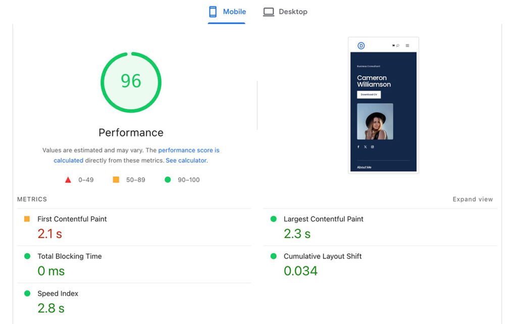 Kinsta performance on mobile
