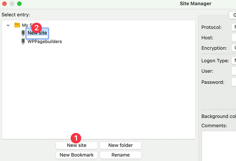 Adding a new site in FileZilla