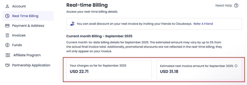Cloudways real-time billing feature