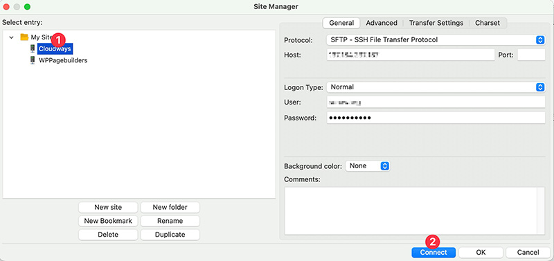 Connecting a website in FileZilla