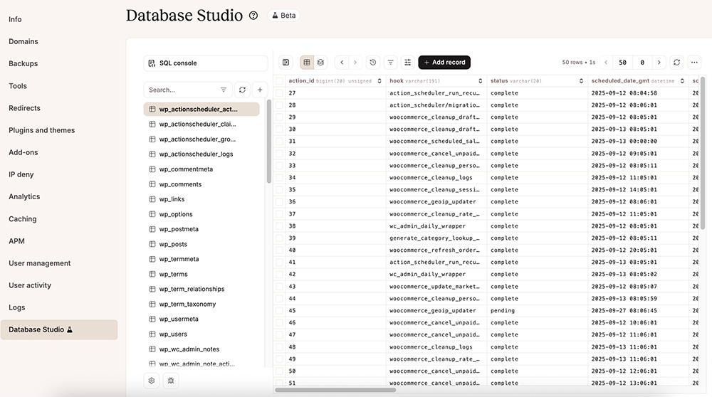 Database Studio feature in Kinsta