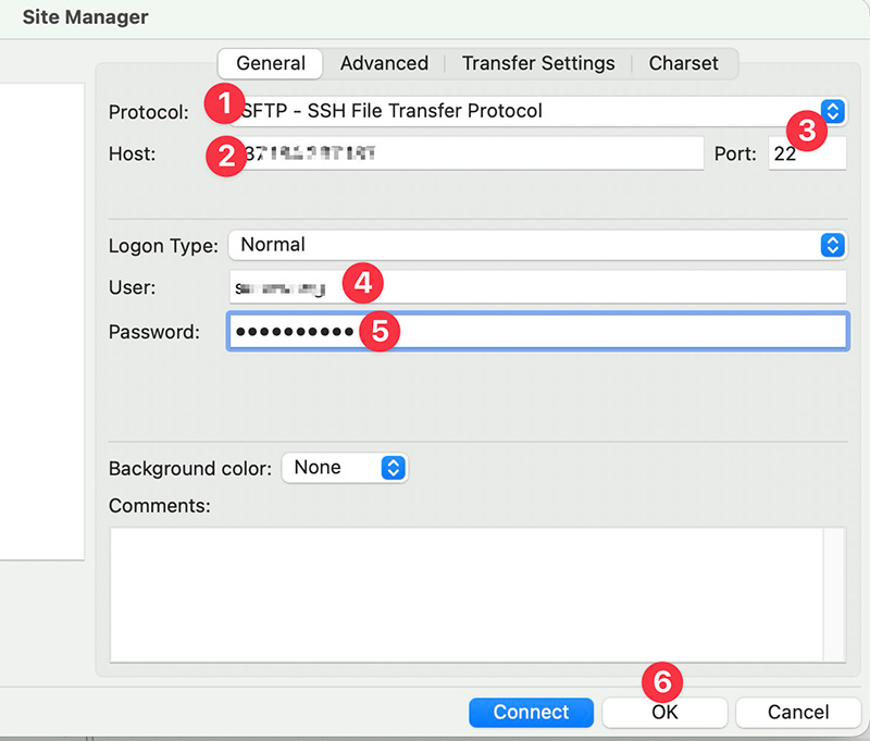 Entering FTP login credentials in FileZilla