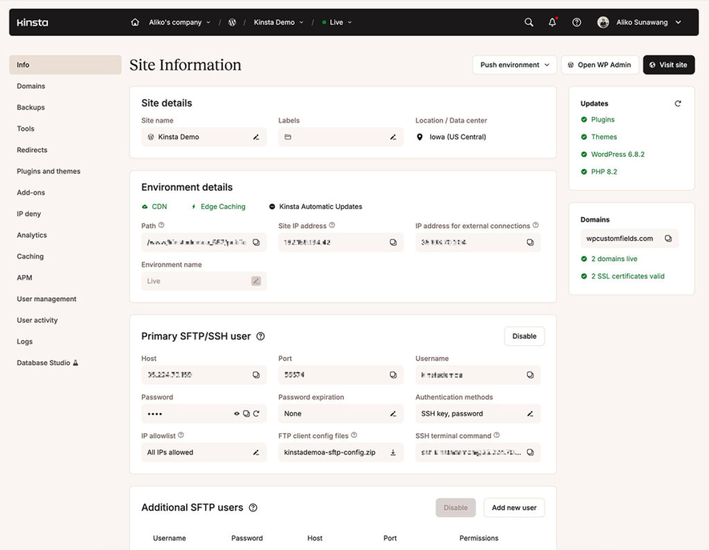 Main screen of Kinsta's control panel