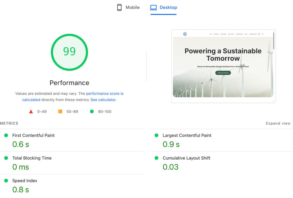 Kinsta performance on desktop