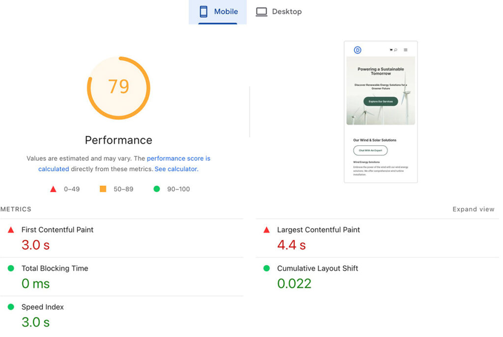Kinsta performance on mobile.