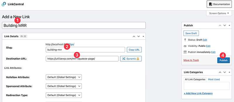 Link settings on LinkCentral