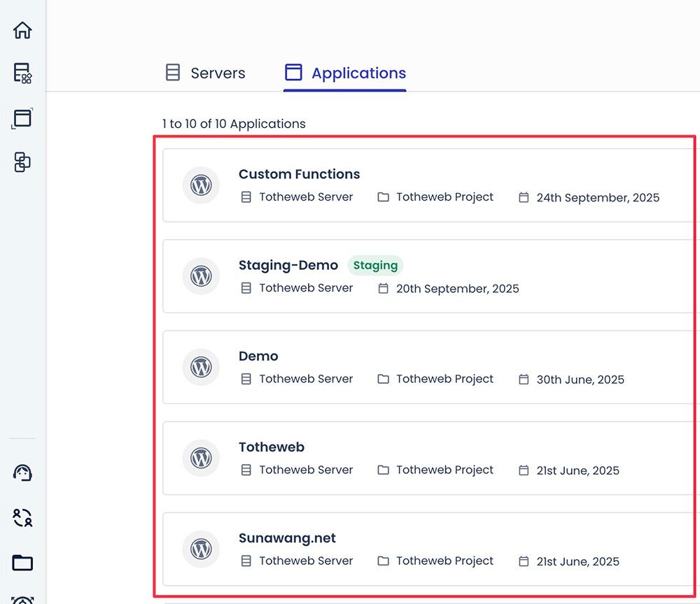 Selecting a website in Cloudways