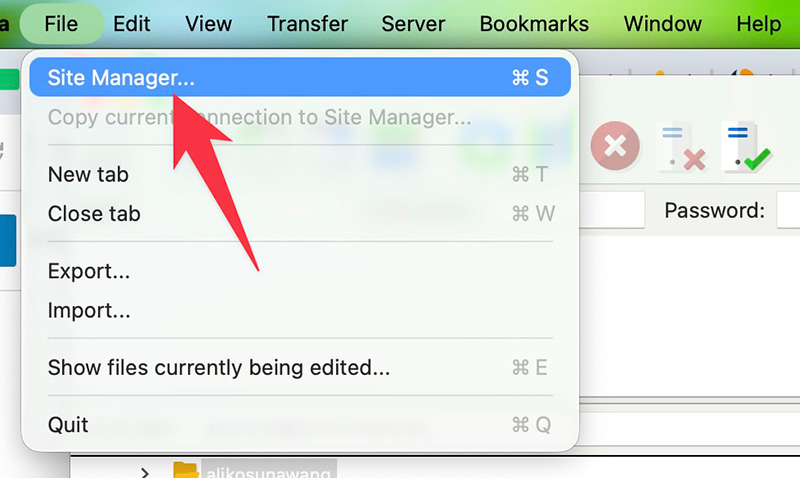 Accessing Site Manager in FileZilla