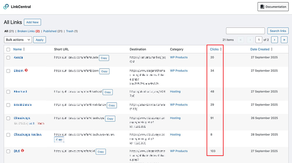 Total clicks in LinkCentral