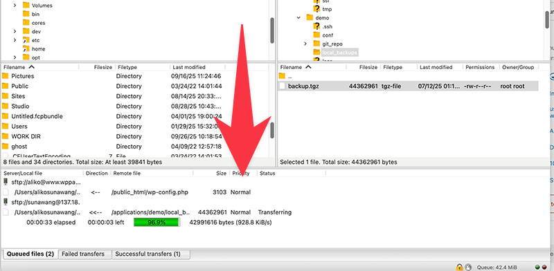 Transfer progress in FileZilla.