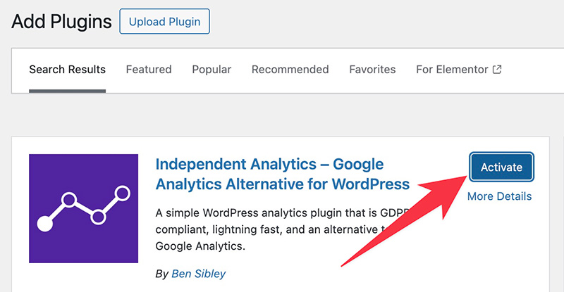 Activating the Independent Analytics plugin in WordPress