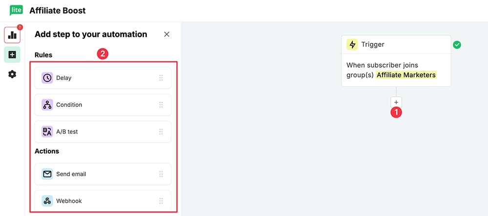 Adding automation steps in MailerLite