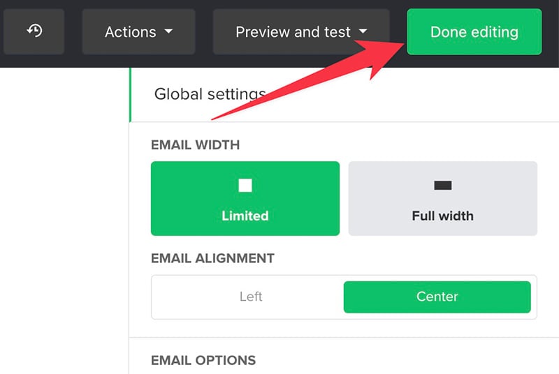 Done editing button in MailerLite
