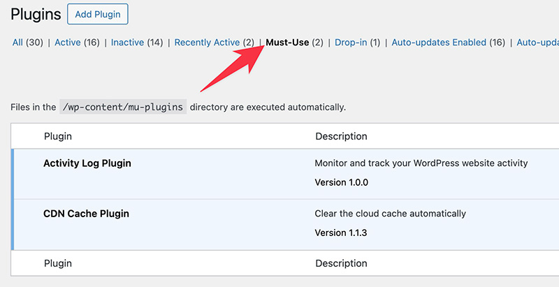 Must-use plugin tab in WordPress