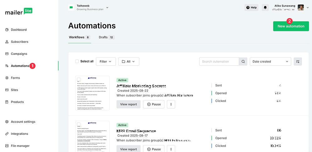 Creating new automation in MailerLite