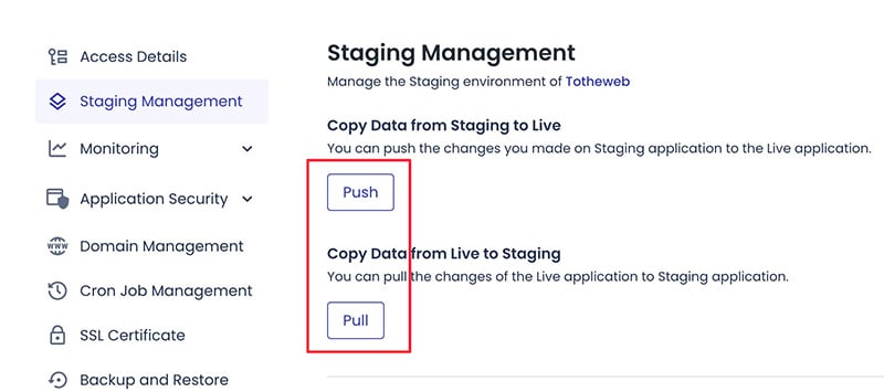 Push and pull buttons in Cloudways staging
